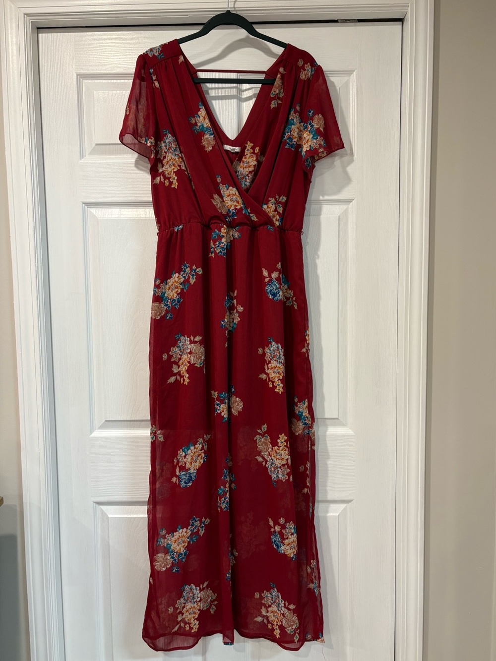 Maurices Red Floral Wrap Maxi Dress